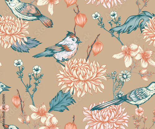 Seamless pattern with hand drawn flowers and birds.