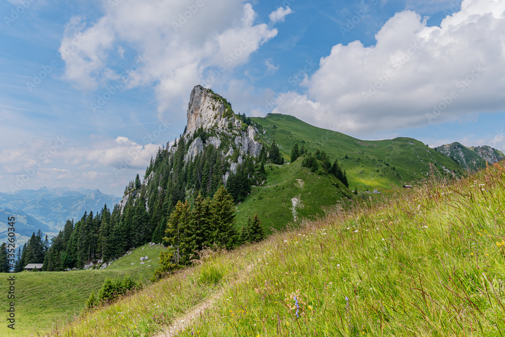Wanderweg  vorbei an Wiesen und Bergen im Berner Oberland– Erlenbach, Simmental, Schweiz