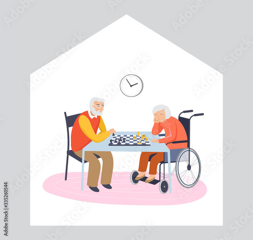 Elderly, old people, senior people at home, playing chess, chatting on computer with grandchildren, reading books, working out, learning languages. Vector illustration, cartoon set stock illustration