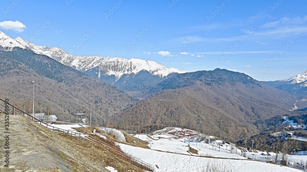 landscape of snow-capped mountains in a ski resort
