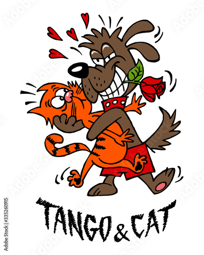 Dog and cat dancing tango with roses in teeth with love, claim Tango and cat, color cartoon