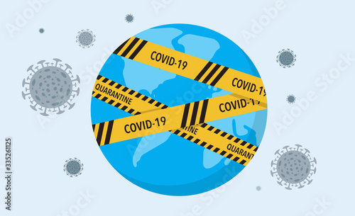 COVID-19 virus lockdown barrier tape over a world. Coronavirus pandemic, vector concept illustration stock illustration