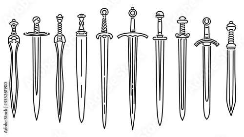 Set of simple images of medieval short swords drawn in art line style.
