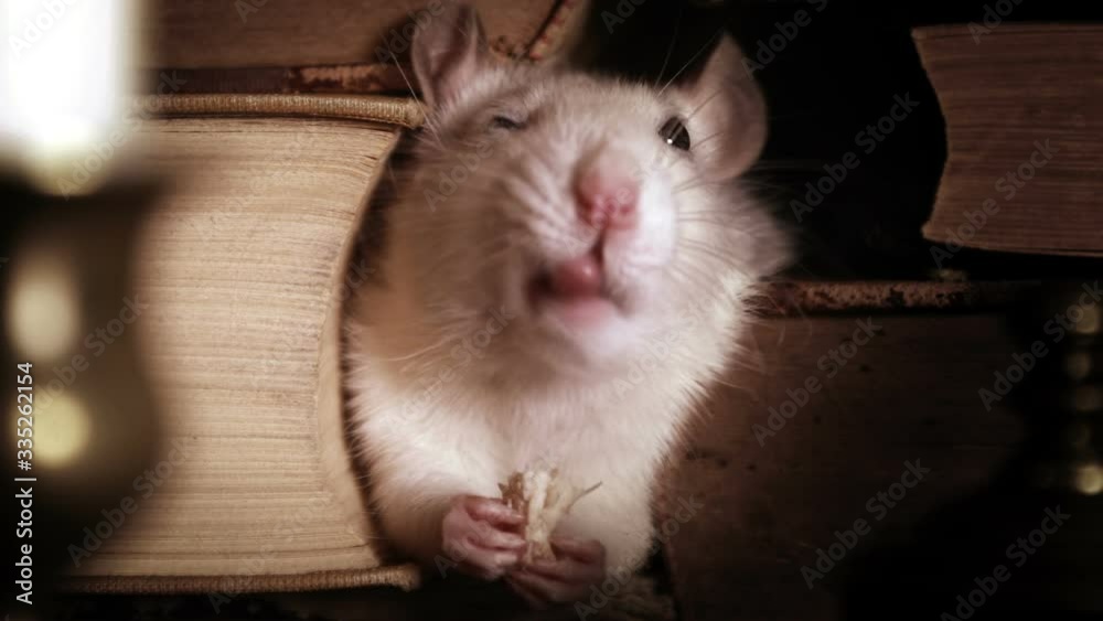 Small pretty gray rat sitting between old books and eats something
