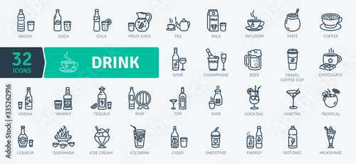 Types of Drink. Vector Icons Set. Thin Line design