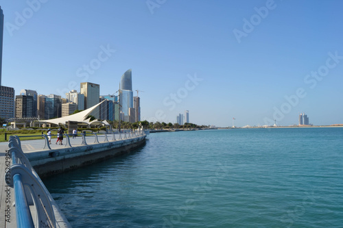 View of Abu Dhabi Cornish during the day tome with beautiful blue sky and blue sea. Luxury lifestyle, tourism, United Arab Emirates, Abu Dhabi life,