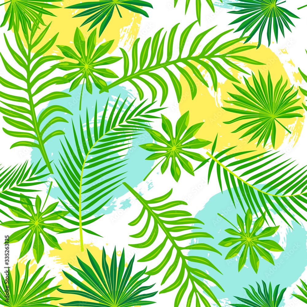 Tropical exotic leaves with hand drawn style blots. Seamless pattern. Vector illustration.