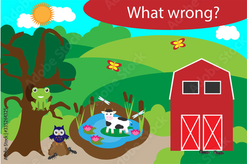What wrong, find mistakes with animals for children, fun education game for kids, preschool worksheet activity, task for the development of logical thinking, vector illustration