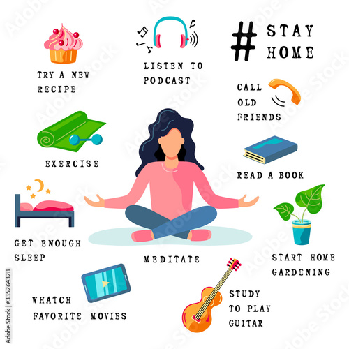 Quarantine, stay at home activites. Vector illustration. Flat style design. Stay at home, keep calm.