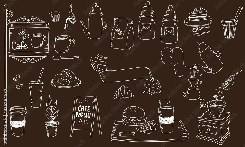 カフェ コーヒー イラスト コーヒー豆 手描き アナログ 落書き いたずら書き セット ベクター Stock Vektorgrafik Adobe Stock