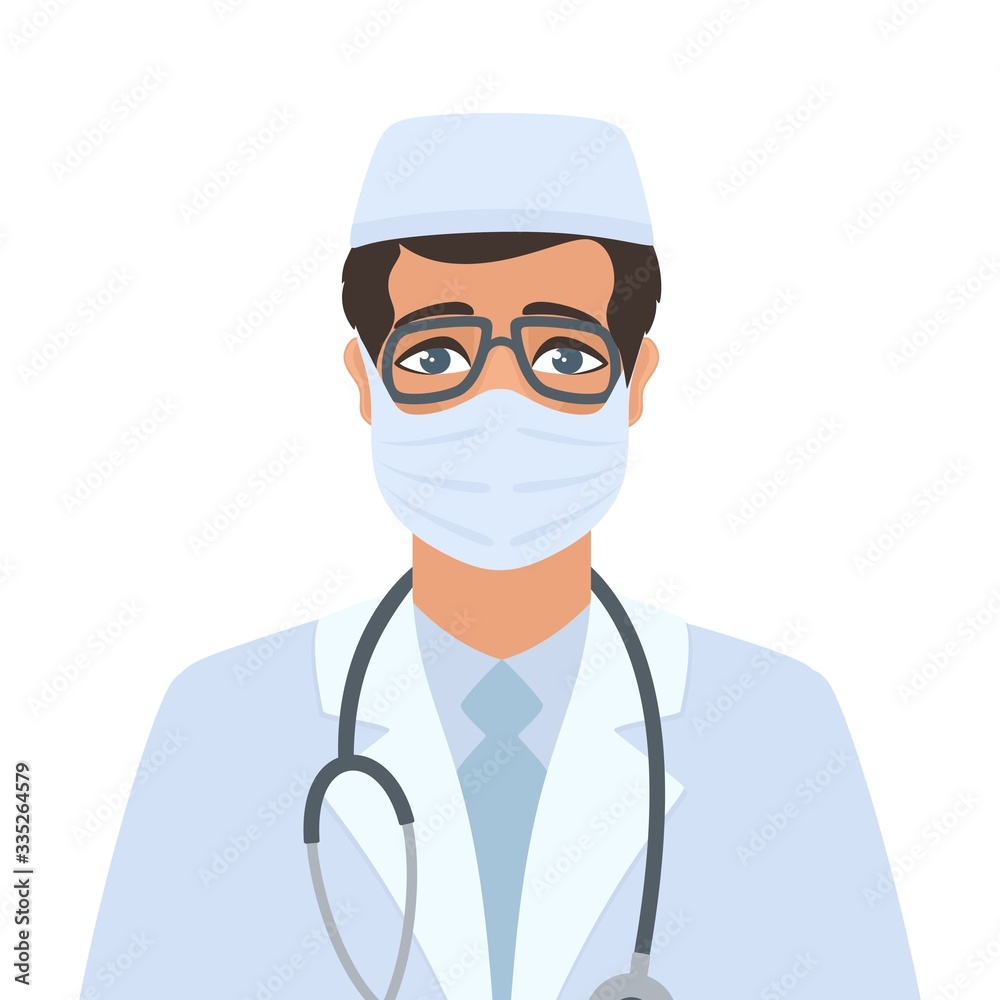Portrait of an infectious disease doctor in a protective medical mask, hat, white coat. Male virologist or therapist with dark hair, glasses, a stethoscope on his neck. Isolated vector illustration. Portrait of an infectious disease doctor in a protective medical mask, hat, white coat. Male virologist or therapist with dark hair, glasses, a stethoscope on his neck. Isolated vector illustration.