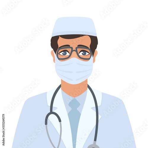 Portrait of an infectious disease doctor in a protective medical mask, hat, white coat. Male virologist or therapist with dark hair, glasses, a stethoscope on his neck. Isolated vector illustration.