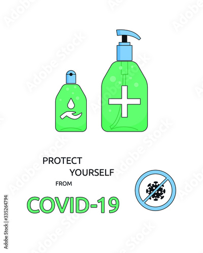 COVID-19 hygiene promotion with  sanitizing with alcohol and washing your hands. sanitizers  kill bacteria, fungi and stop viruses such as coronavirus. Hygiene product, dispenser. Isolated vector 