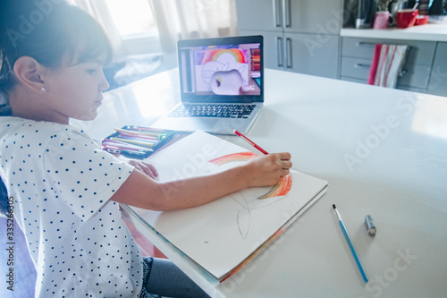 young caucasian girl drawing at home, on-line art calss, home schooling, stay home education
