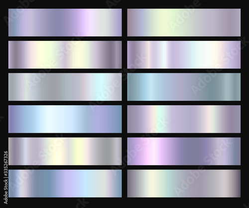 Holographic, silver, bronze and golden foil texture background set. Vector graphic iridescent neon patterns. Gold hologram metalic gradient collection.