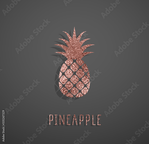 Gold rose foil texture pineapple on black background. Pink sparkle glossy exotic fruit. Vector shiny metallic tropical ananas icon.