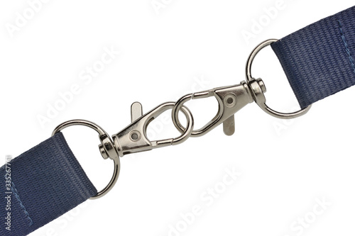 Two metal carabiners  fastened together  isolated on a white background