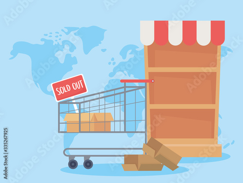 supermarket empty shelf and boxes world crisis, excess purchase
