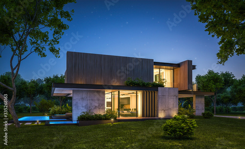 3d rendering of modern cozy house with parking and pool for sale or rent with wood plank facade and beautiful landscaping on background. Clear summer night with many stars on the sky.