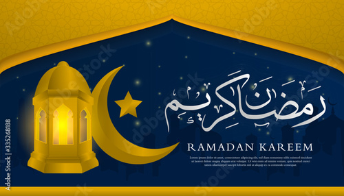 ramadan kareem islamic background design with realistic arabic lantern and arabic calligraphy