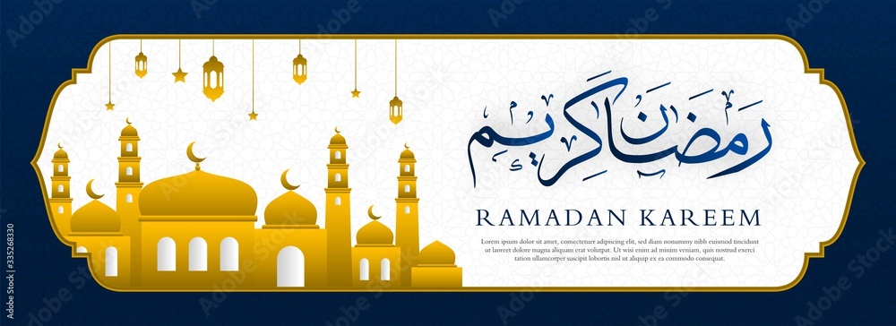ramadan kareem islamic banner design with realistic mosque and arabic calligraphy