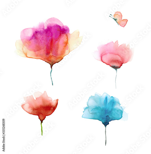 Watercolor hand drawn sketch illustration set of abstract flowers with butterfly isolated on white