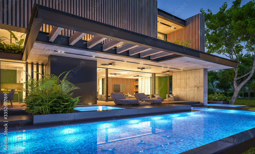 Obraz premium 3d rendering of modern cozy house with parking and pool for sale or rent with wood plank facade and beautiful landscaping on background. Clear summer night with many stars on the sky.