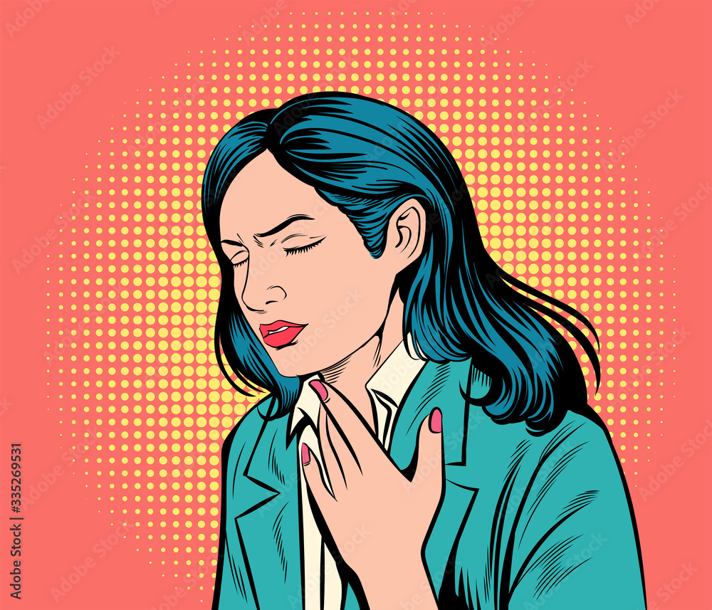 This women is sore throat, inflamed, difficulty swallowing.Pop art retro vector illustration comic. Separate images of people from the background. This women is sore throat, inflamed, difficulty swallowing.Pop art retro vector illustration comic. Separate images of people from the background.
