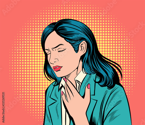 This women is sore throat, inflamed, difficulty swallowing.Pop art  retro vector illustration comic. Separate images of people from the background.