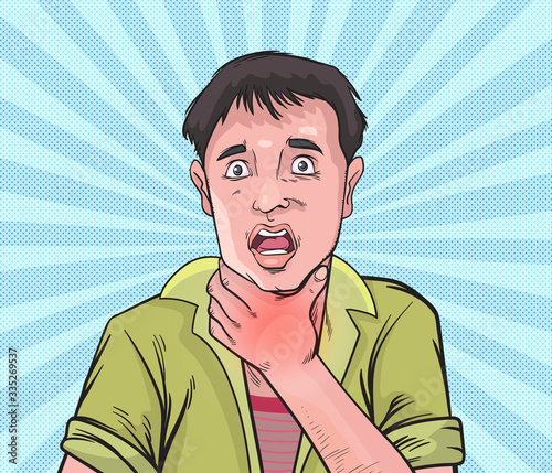 This boy is sore throat, inflamed, difficulty swallowing.Pop art  retro vector illustration comic. Separate images of people from the background.