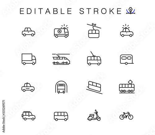 Urban transport vector linear icons set. Transportation outline symbols pack. Collection of transport icons isolated contour illustrations. Ambulance. Police car. Truck. Trolleybus. Bus. Metro. Taxi