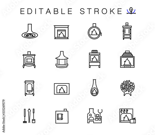Set line icons of fireplaces and equipment for the fire inserts. Bake, oven, furnace. Furnace equipment and Christmas fireplace isolated contour illustrations. Outline symbols pack