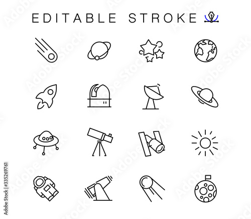 Space and stars vector linear icons set. Astronomy and space outline symbols pack. Collection of simple cosmos object icons isolated contour illustrations. Earth. Moon. Telescope. Sputnik. Sun. Stars