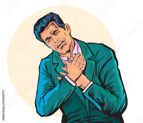 Senior business people have health problems, Chest tightness, difficulty breathing. Pop art  retro vector illustration comic on a white background