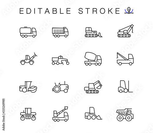 Construction machinery linear contour illustrations icons set. Heavy duty machines outline symbols pack. Collection of road repair equipment icons isolated. Vehicle. Auto cement truck. Editable stroke