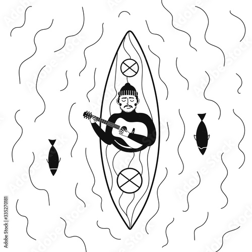 Vector illustration of kayaking, canoeing or rafting boat with playing acoustic guitar oarsman.