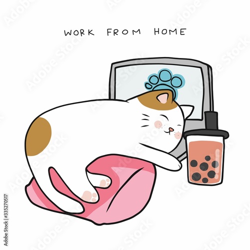 Work from home cat sleep on laptop and drink ice bubble milk tea cartoon vector illustration