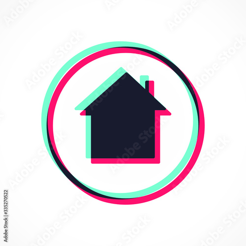 Social media stylized interface house icon in support of self-isolation and staying at home. Tik Tok Glitch modern style. Distancing measures to prevent virus spread. # Stay at home. Vector EPS10