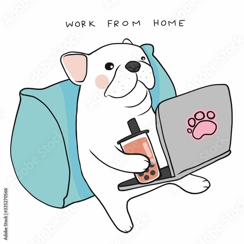 Work from home French bulldog use laptop and drink ice bubble milk tea cartoon vector illustration