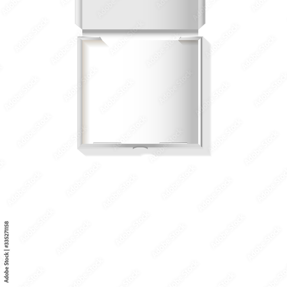 Open white cardboard pizza box top view. Pizza delivery. Mock up pizza container Open white cardboard pizza box top view. Pizza delivery. Mock up pizza container