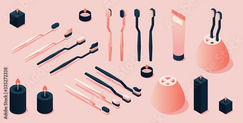 Isometric pink and black toothbrush and toothpaste collection