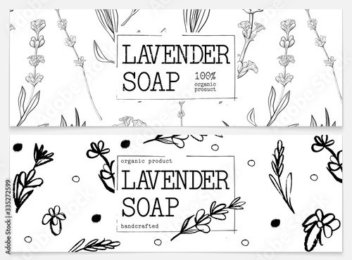Set packaging of natural soap with lavender. Organic cosmetic natural soap. Vector hand drawn illustration. Black and white design.