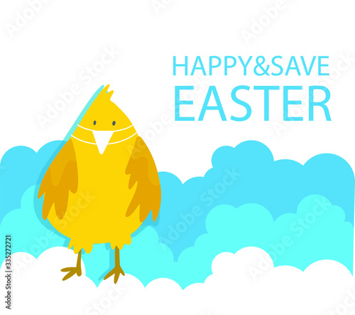 Happy and save Easter. Chick in medical mask. Covid-19. 
