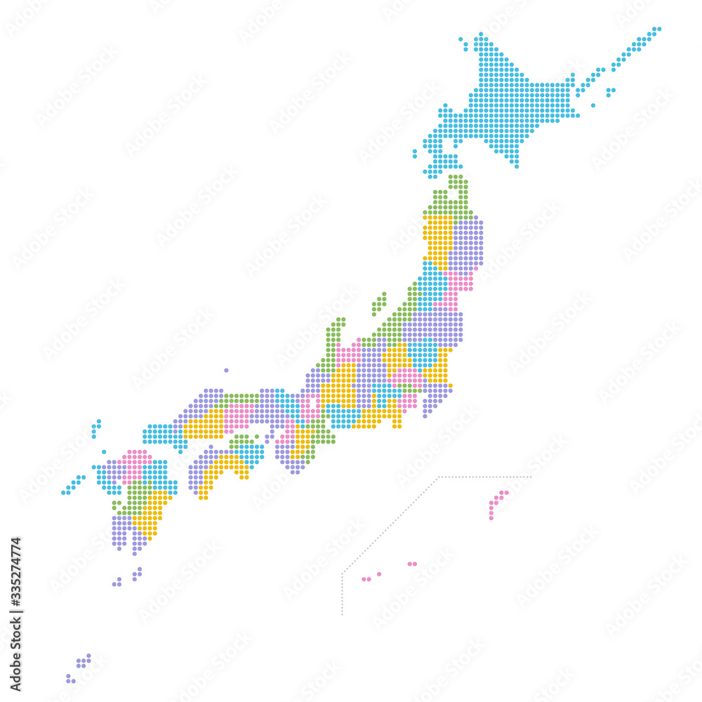 Obraz premium 日本地図, ドットマップ, 地方別, 県別, 北方領土（ベクターデータは都道府県ごとにレイヤー分け）