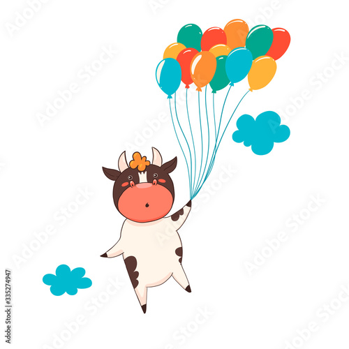 Character bull flies on balloons isolate on a white background. Vector graphics.