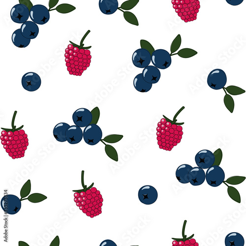 Natural delicious juicy organic berries seamless pattern with raspberries, blueberries, vector color illustration on white background, isolated