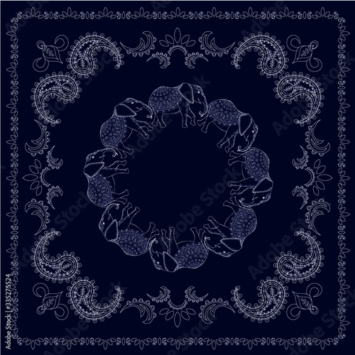 Bandana with Turkish cucumbers and elephants. White thin line on dark blue background design element art design stock vector illustration for web, for print