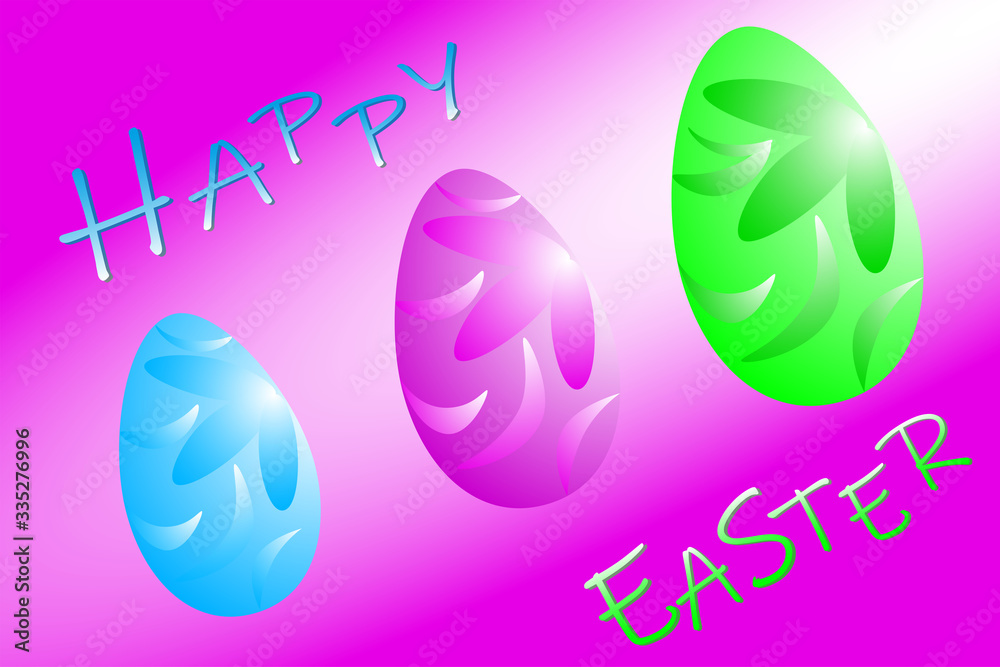 Festive Easter card with the image of multi-colored Easter painted eggs with floral patterns on a pink background with a ray of light and the inscription 