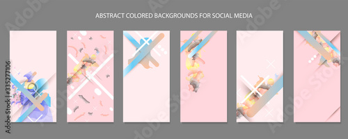 Set of pastel abstract backgrounds. Design options for social media. Lines with watercolor elements