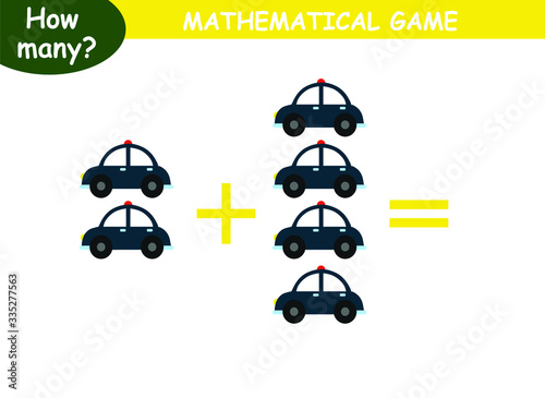 examples of addition with cars. educational page with mathematical examples for children.